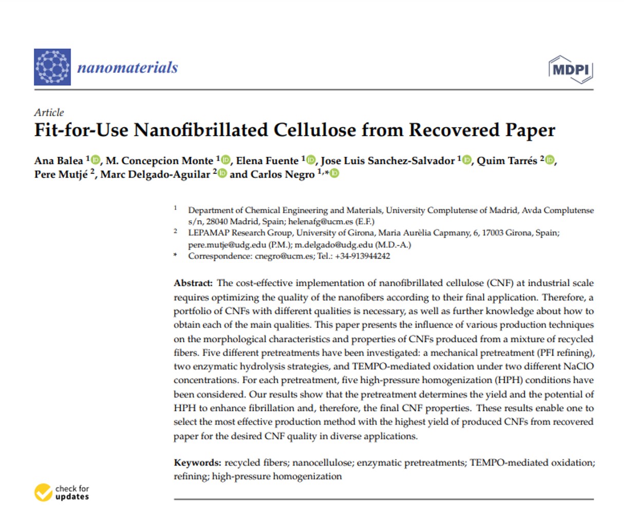 Miembros del grupo de investigación de VALORCON publican el artículo "Fit-for-Use Nanofibrillated Cellulose from Recovered Paper" en la revista Nanomaterials